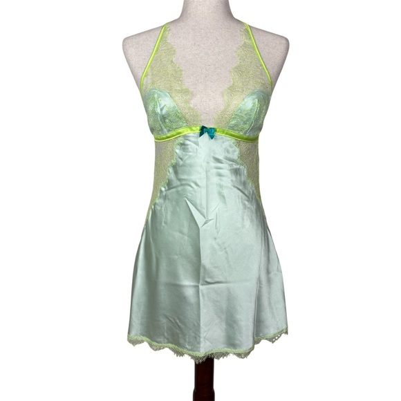 Victoria's Secret Other - Victoria’s Secret Satin Lace Mint & Lime Halter Chemise Sz M Angelcore Y2K Fairy